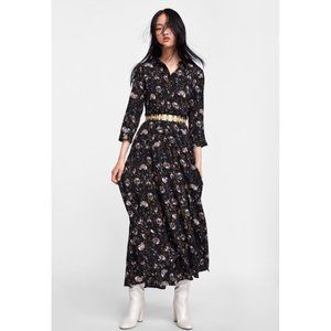 ZARA - FLORAL PRINT MAXI SHIRT DRESS W/ 3/4 SLVS - SZ LARGE - BLACK